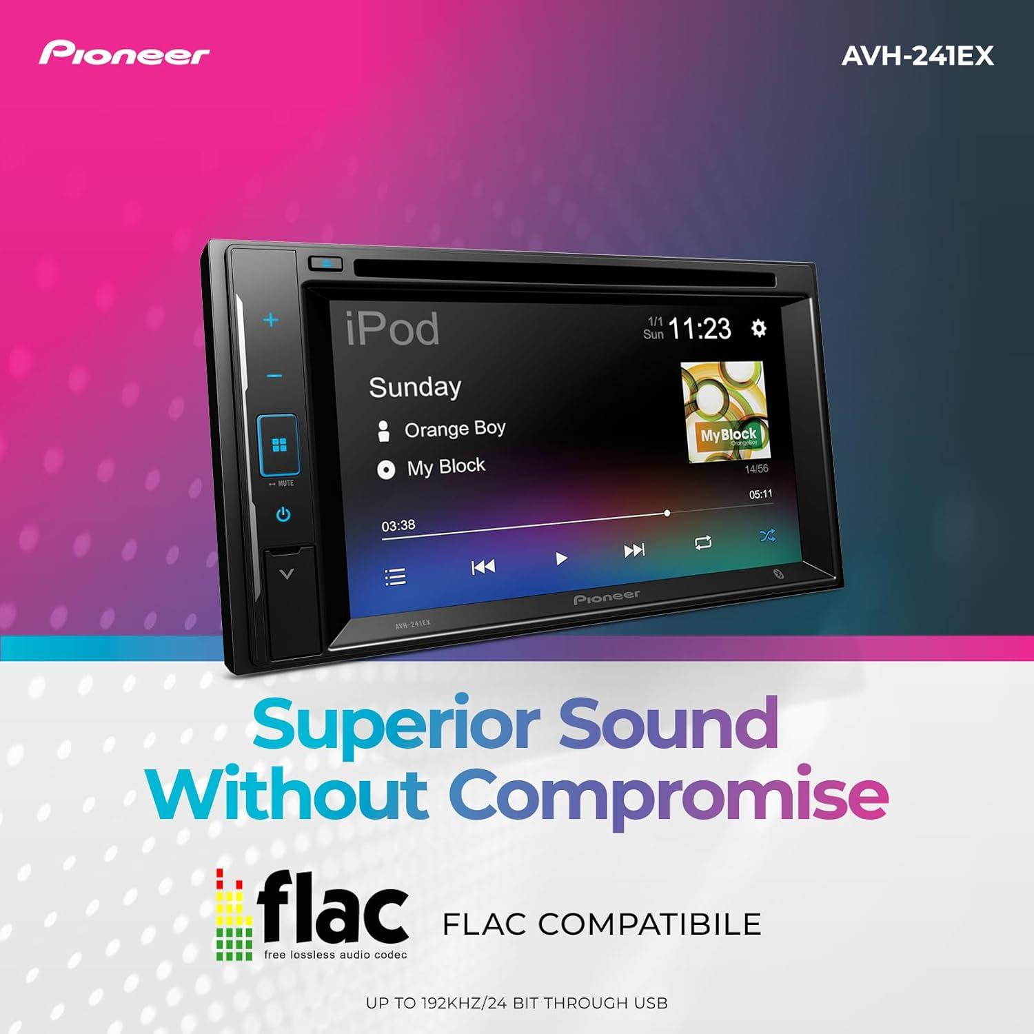 imagePioneer AVH241EX 62quot Resistive Touchscreen Double Din Bluetooth Backup Camera Compatible AMFM Radio USB FLAC Playback 13Band EQ 50W x 4 Preouts