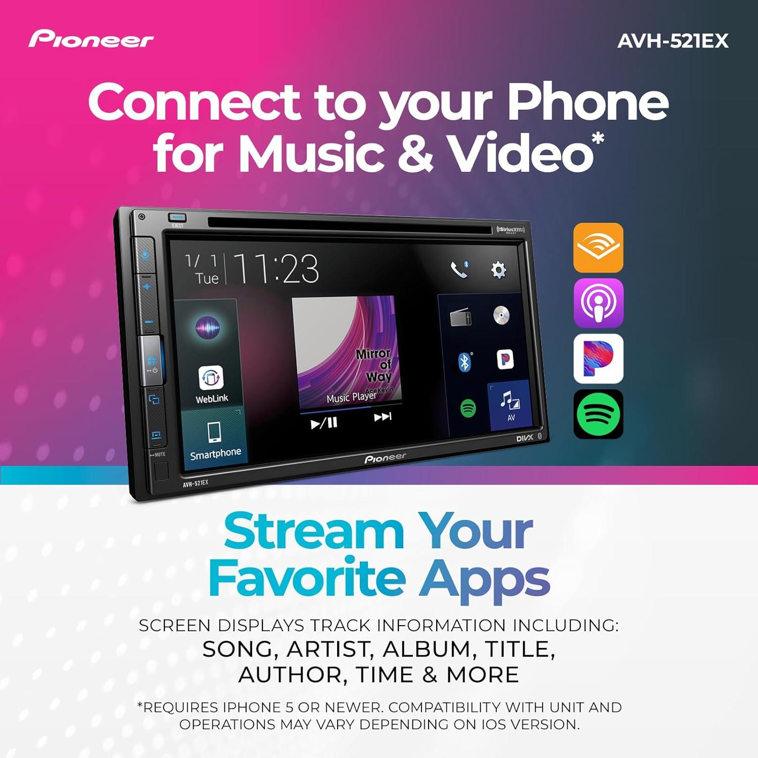 imagePioneer AVH521EX 68quot Resistive Touchscreen Double Din Bluetooth Backup Camera SiriusXM USB FLAC Playback MIXTRAX 13Band EQ AMFM Radio Preouts