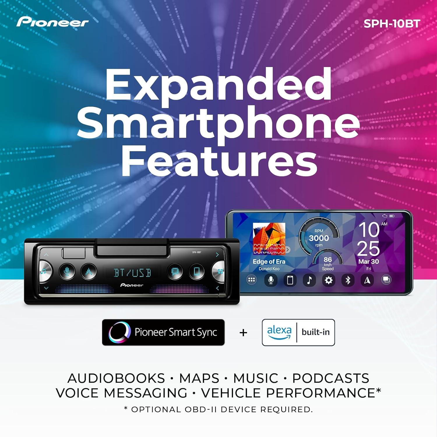 imagePioneer SPH10BT 1Din Smart Sync Receiver Bluetooth Smartphone Mount Color Change USB FLAC Voice Control 50W x 4 Output 13Band EQ AMFM Radio Front RearSW Selectable RCA Preout