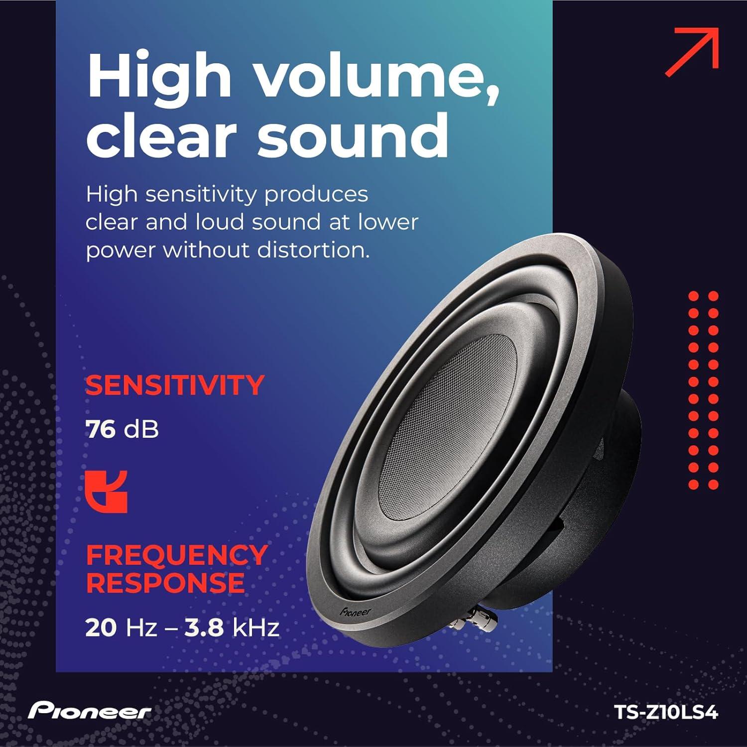 imagePioneer ZSeries TSZ10LS4 10 Premium Subwoofer 1300W Max ShallowMount Design Deep Bass in Tight Spaces Compact Slim TruckCar SubwooferTSZ10LS4 10 Single 4 Ohms
