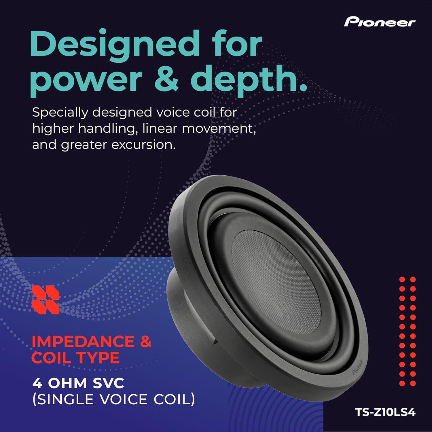 imagePioneer ZSeries TSZ10LS4 10 Premium Subwoofer 1300W Max ShallowMount Design Deep Bass in Tight Spaces Compact Slim TruckCar SubwooferTSZ10LS4 10 Single 4 Ohms