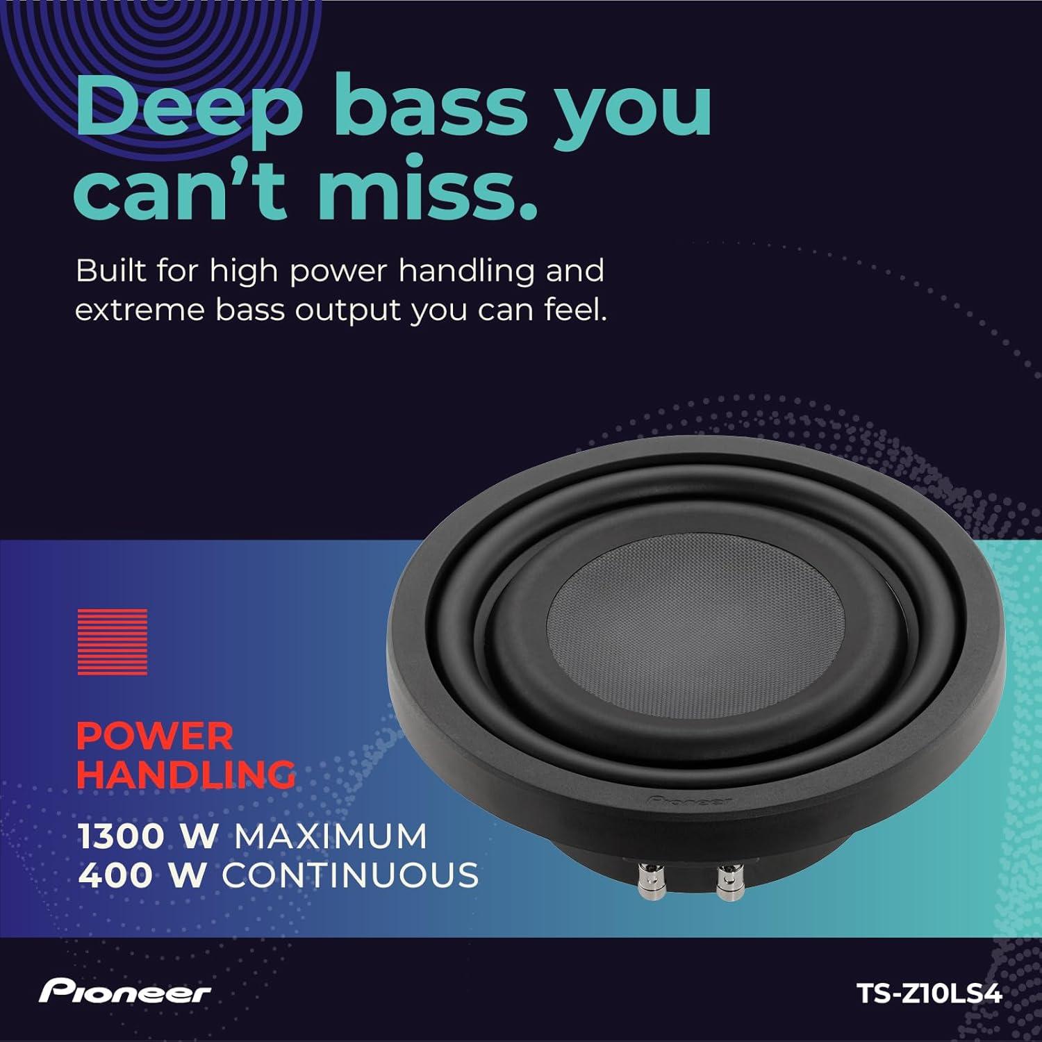 imagePioneer ZSeries TSZ10LS4 10 Premium Subwoofer 1300W Max ShallowMount Design Deep Bass in Tight Spaces Compact Slim TruckCar SubwooferTSZ10LS4 10 Single 4 Ohms