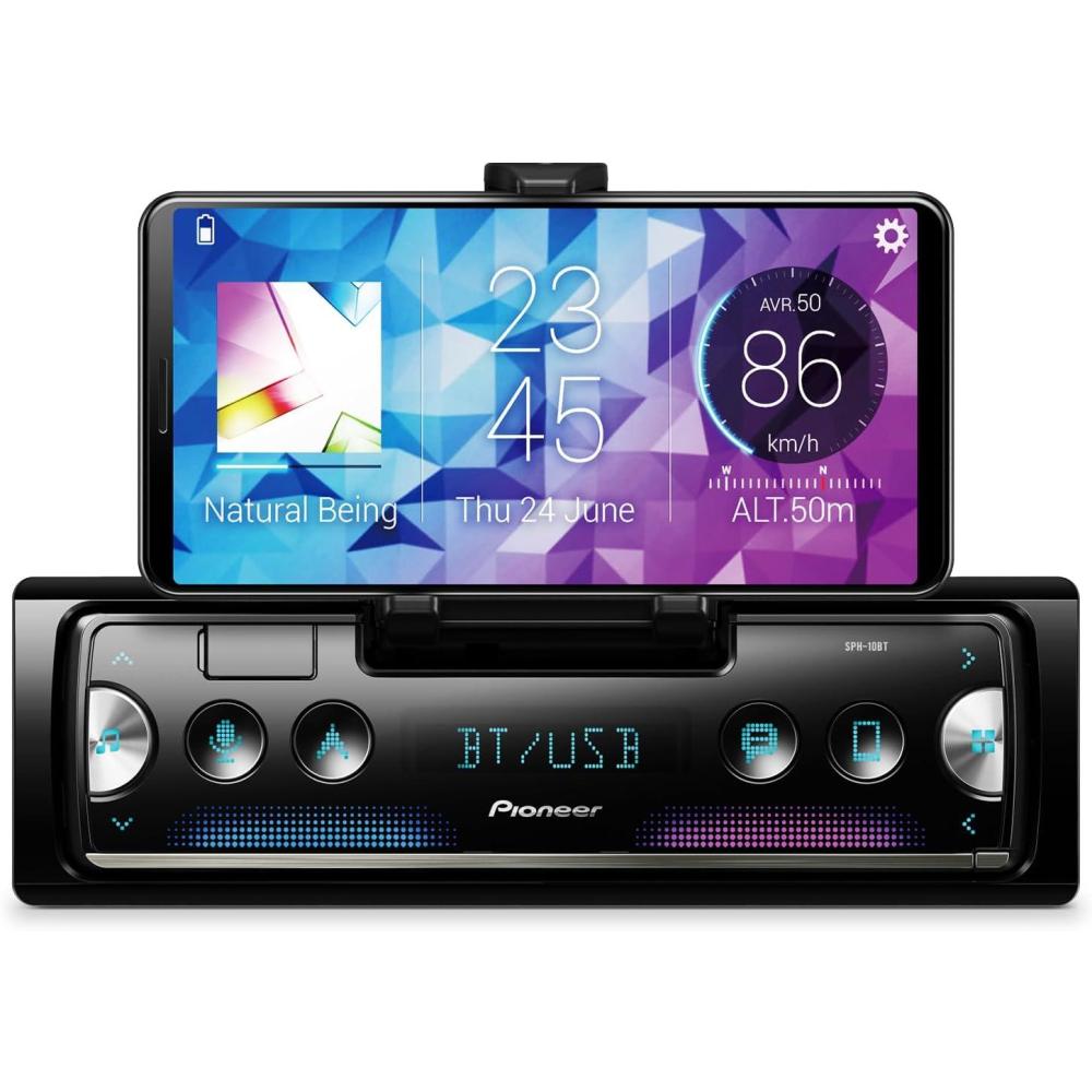imagePioneer SPH10BT 1Din Smart Sync Receiver Bluetooth Smartphone Mount Color Change USB FLAC Voice Control 50W x 4 Output 13Band EQ AMFM Radio Front RearSW Selectable RCA Preout