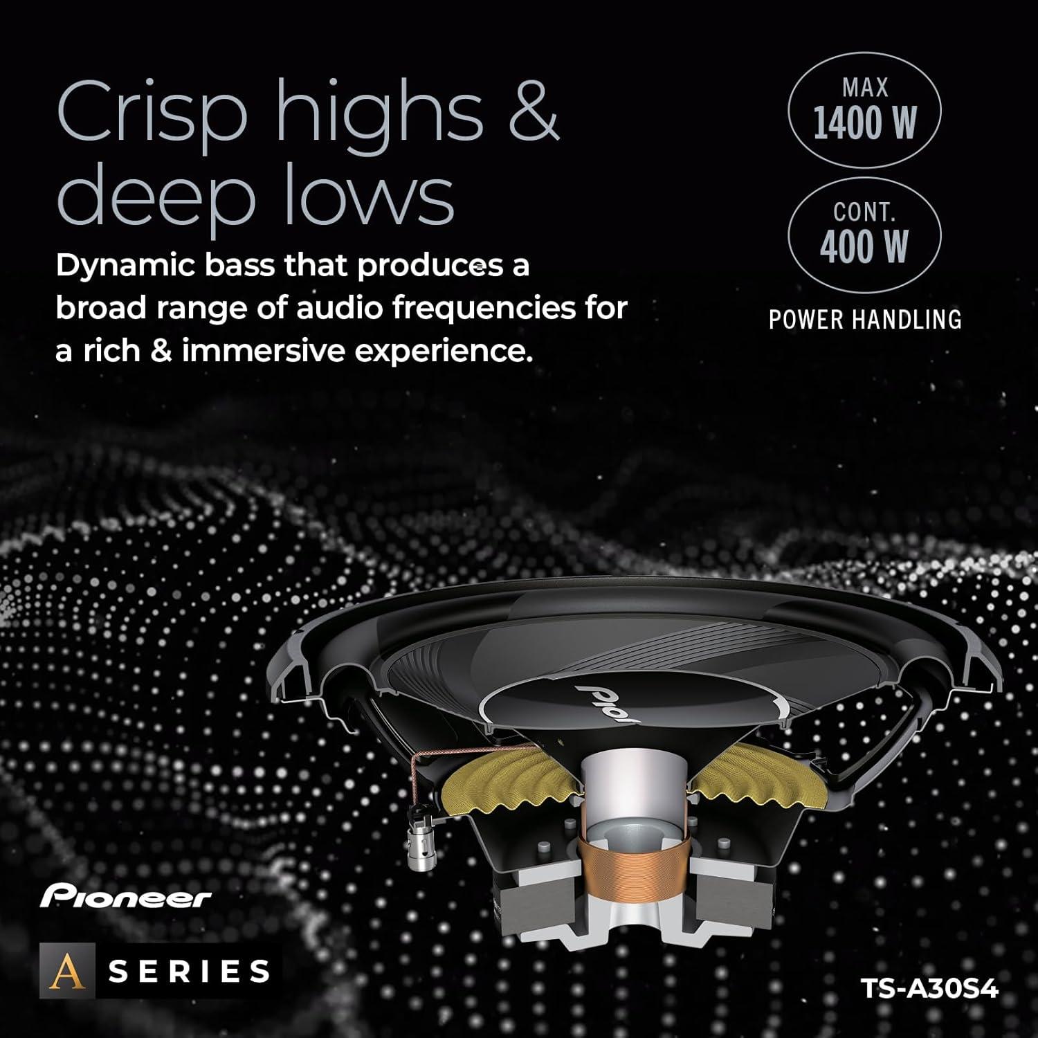 imagePIONEER ASeries TSA250D4 10 Subwoofer 1300W Max Flexible Wiring Powerful Bass Output12 1400W