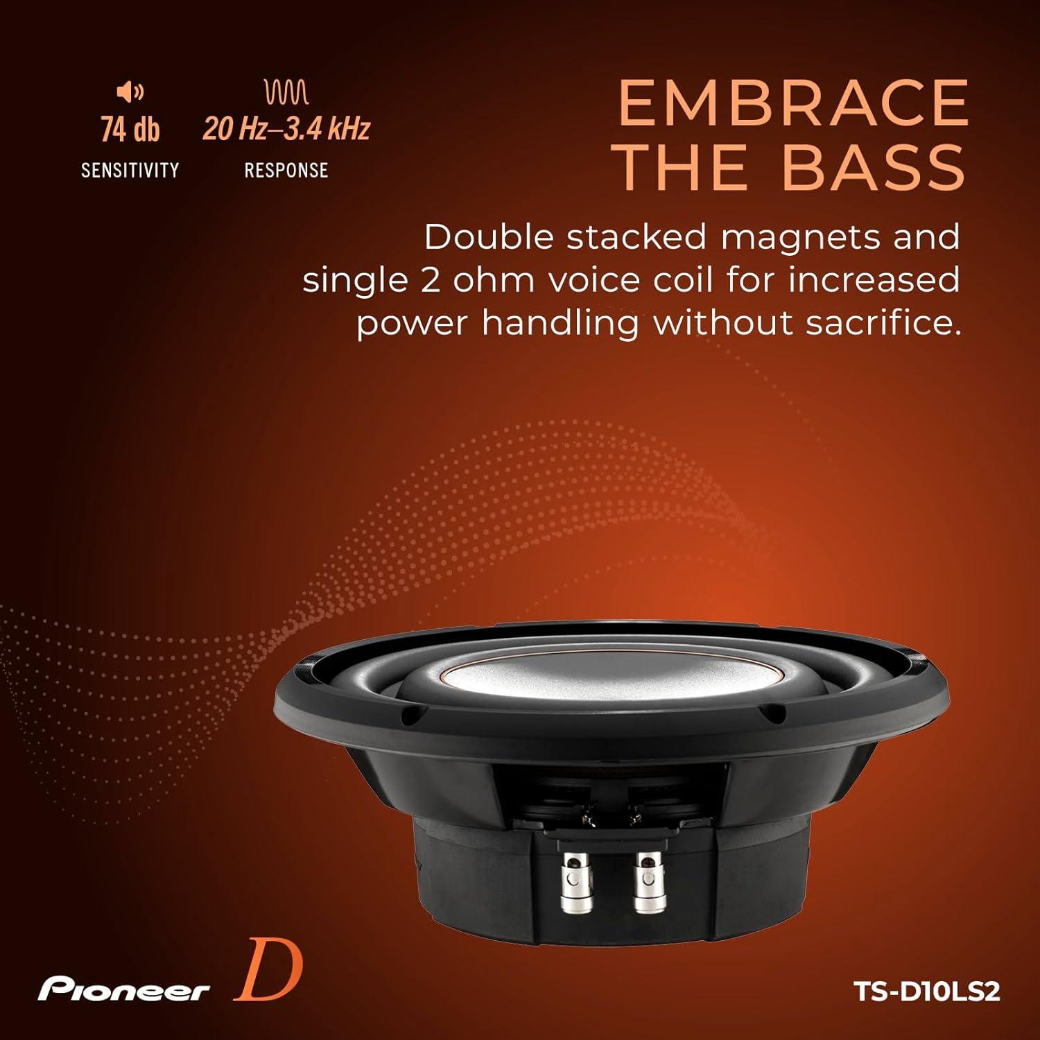 imagePioneer ASeries TSD10D2 10 High Performance Subwoofer 1300W Max Dual 2 Ohm Voice Coil for Flexible Wiring Powerful Bass OutputTSD10LS2 10 Single 2 Ohms