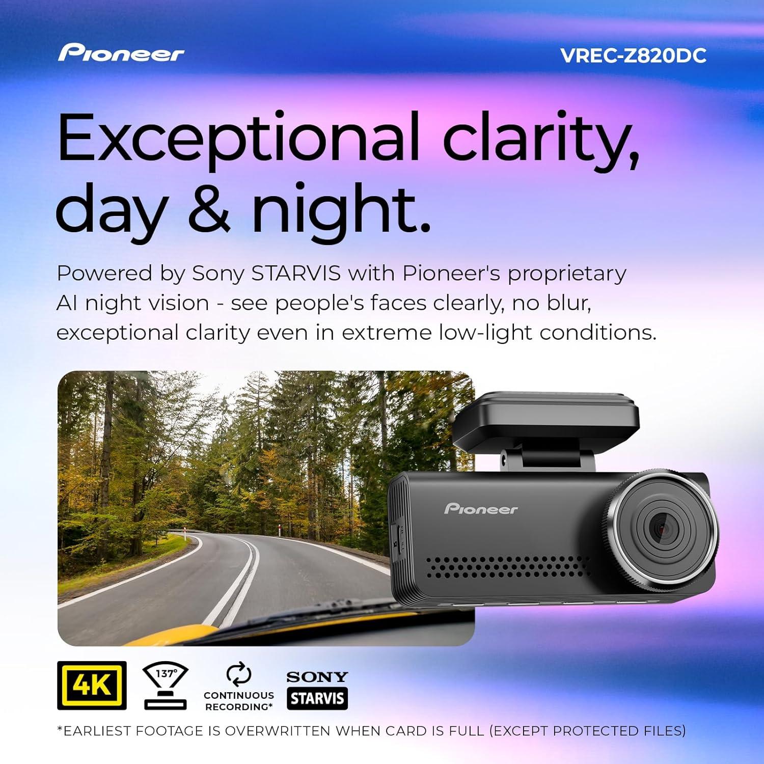 imagePioneer VRECZ820DC Dual Dash Cam Front and Rear Car Camera Premium 4K Camera AIISP Starvis Night Vision 139 Degree Wide Lens ADAS Safety Alerts Built in GPS Impact Detection 247 CoverageVRECZ820DC