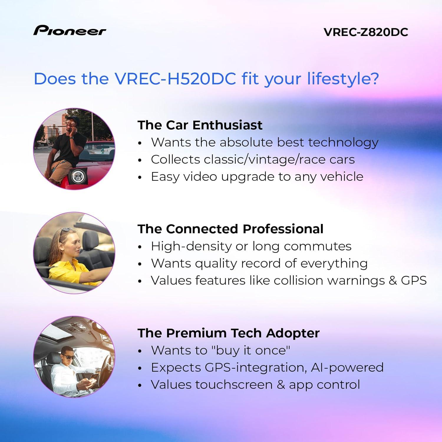 imagePioneer VRECZ820DC Dual Dash Cam Front and Rear Car Camera Premium 4K Camera AIISP Starvis Night Vision 139 Degree Wide Lens ADAS Safety Alerts Built in GPS Impact Detection 247 CoverageVRECZ820DC