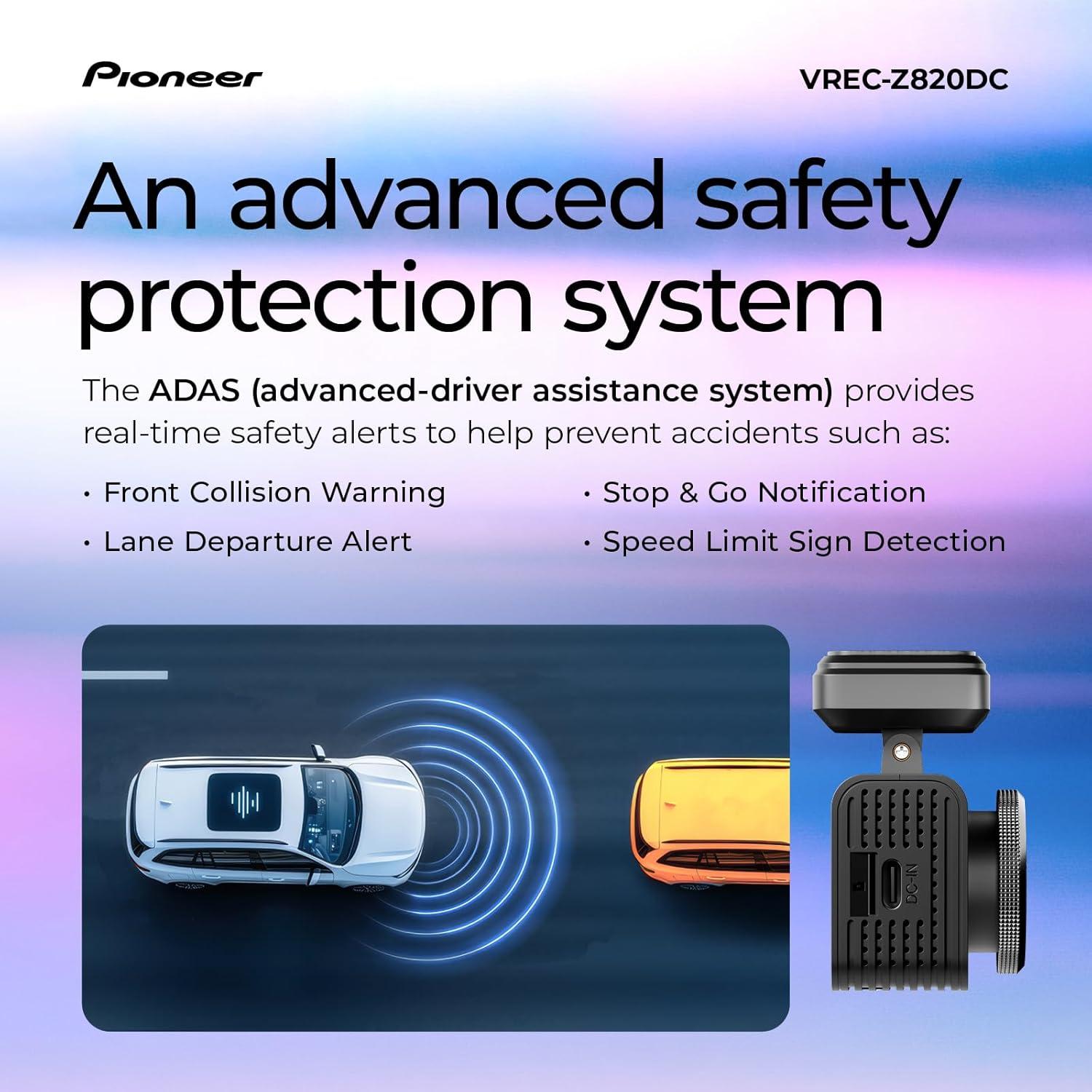 imagePioneer VRECZ820DC Dual Dash Cam Front and Rear Car Camera Premium 4K Camera AIISP Starvis Night Vision 139 Degree Wide Lens ADAS Safety Alerts Built in GPS Impact Detection 247 CoverageVRECZ820DC