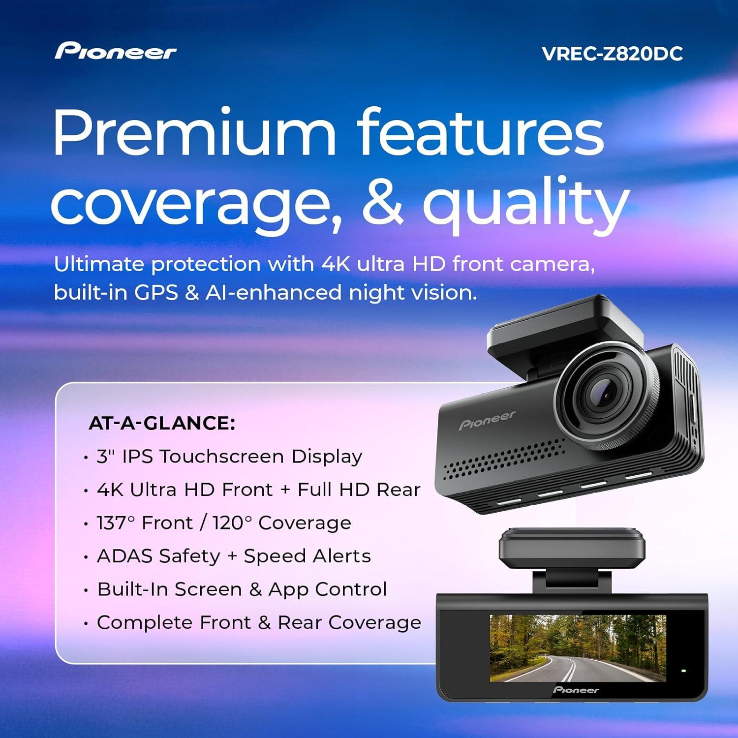 imagePioneer VRECZ820DC Dual Dash Cam Front and Rear Car Camera Premium 4K Camera AIISP Starvis Night Vision 139 Degree Wide Lens ADAS Safety Alerts Built in GPS Impact Detection 247 CoverageVRECZ820DC