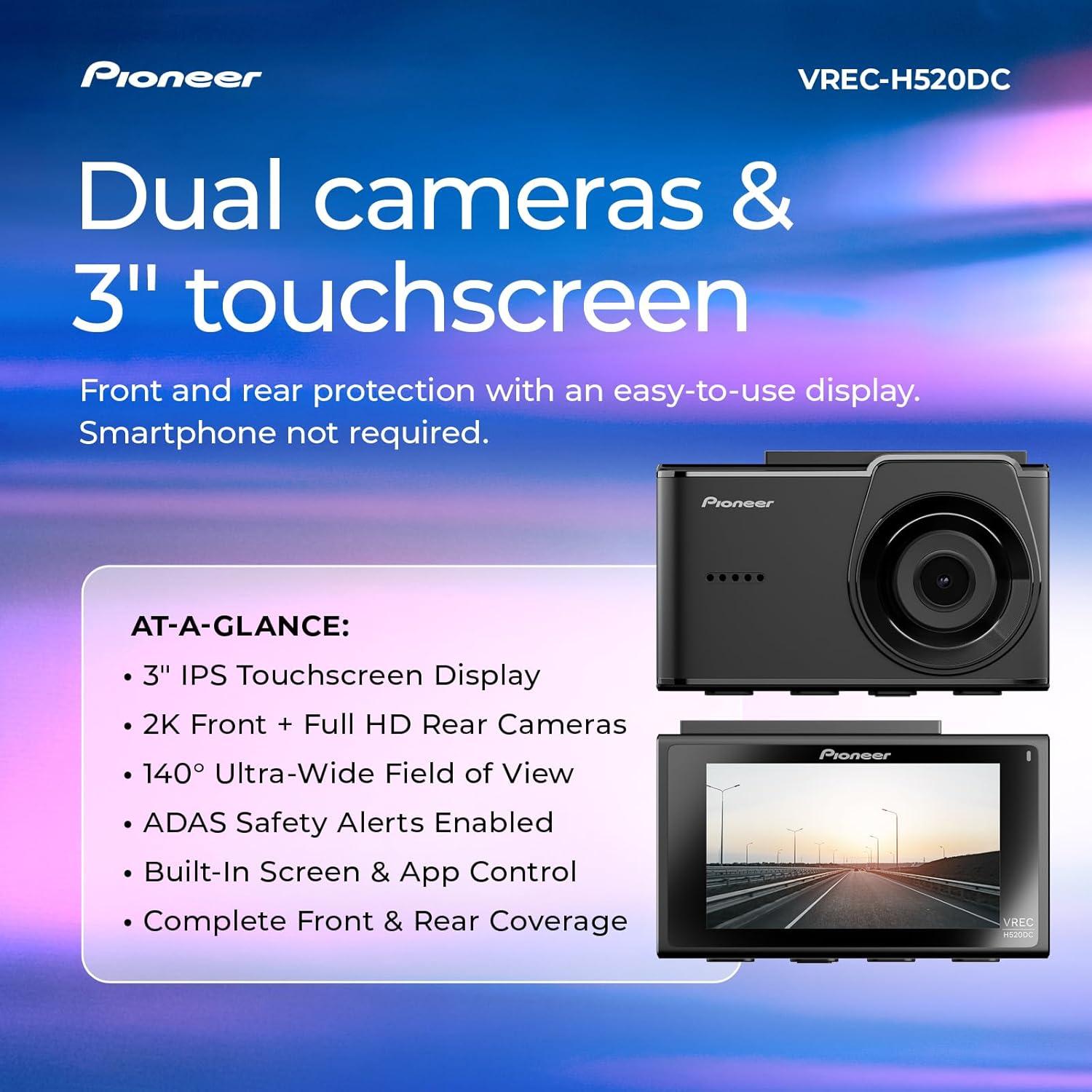 imagePioneer VRECZ820DC Dual Dash Cam Front and Rear Car Camera Premium 4K Camera AIISP Starvis Night Vision 139 Degree Wide Lens ADAS Safety Alerts Built in GPS Impact Detection 247 CoverageVRECH520DC