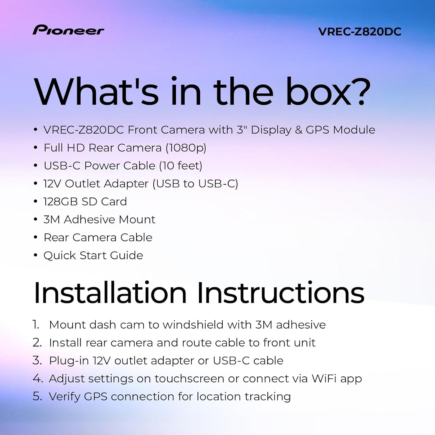 imagePioneer VRECZ820DC Dual Dash Cam Front and Rear Car Camera Premium 4K Camera AIISP Starvis Night Vision 139 Degree Wide Lens ADAS Safety Alerts Built in GPS Impact Detection 247 CoverageVRECZ820DC