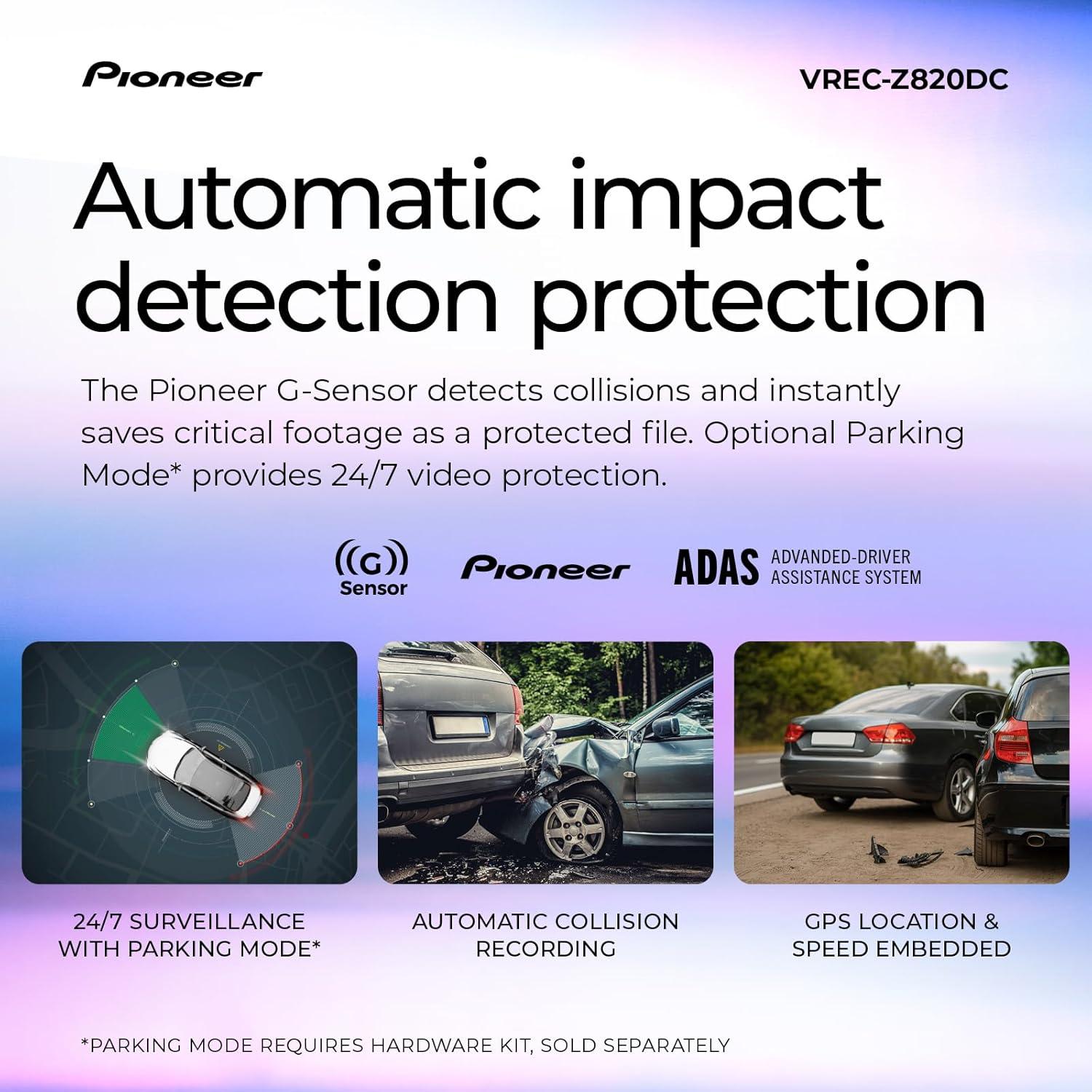 imagePioneer VRECZ820DC Dual Dash Cam Front and Rear Car Camera Premium 4K Camera AIISP Starvis Night Vision 139 Degree Wide Lens ADAS Safety Alerts Built in GPS Impact Detection 247 CoverageVRECZ820DC