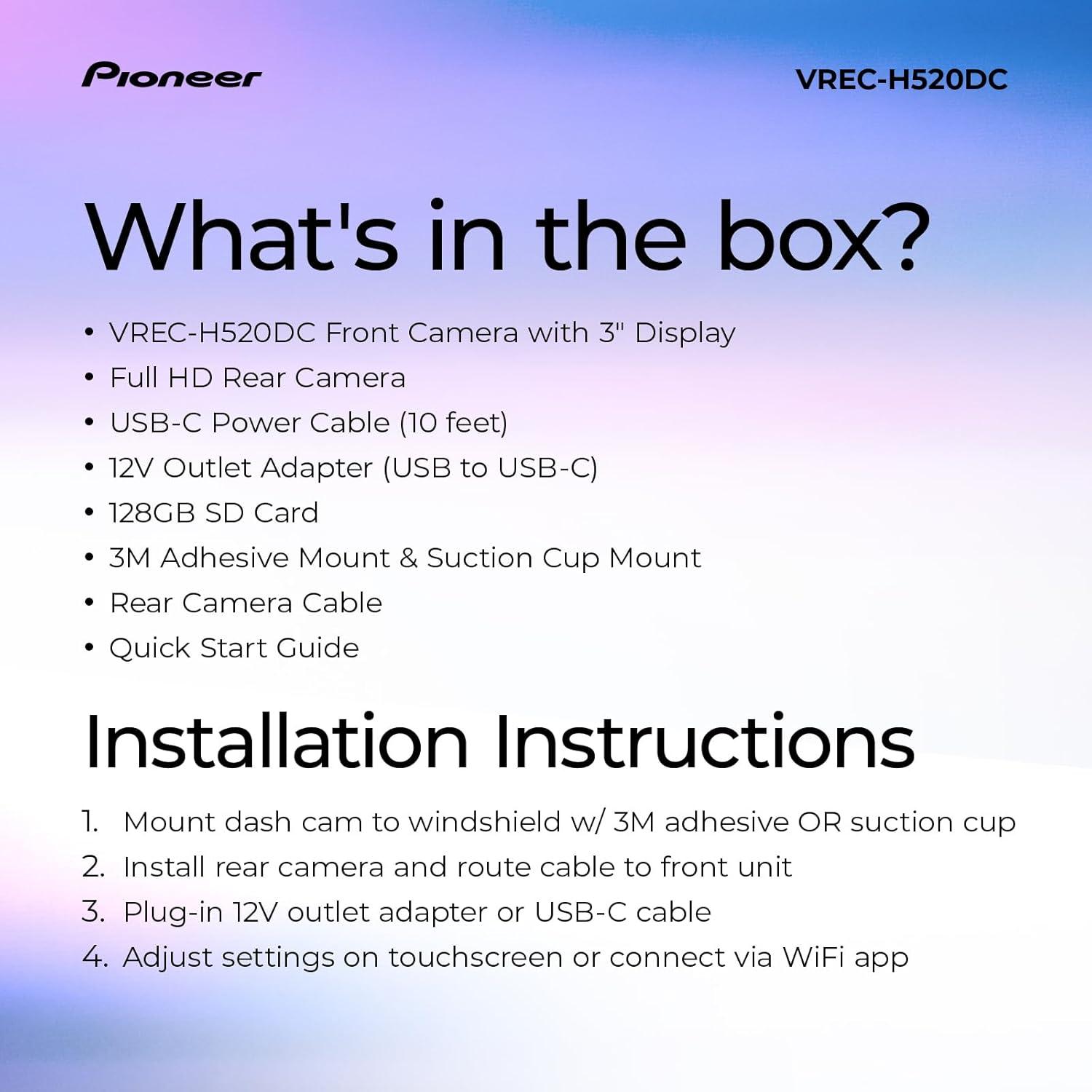 imagePioneer VRECZ820DC Dual Dash Cam Front and Rear Car Camera Premium 4K Camera AIISP Starvis Night Vision 139 Degree Wide Lens ADAS Safety Alerts Built in GPS Impact Detection 247 CoverageVRECH520DC