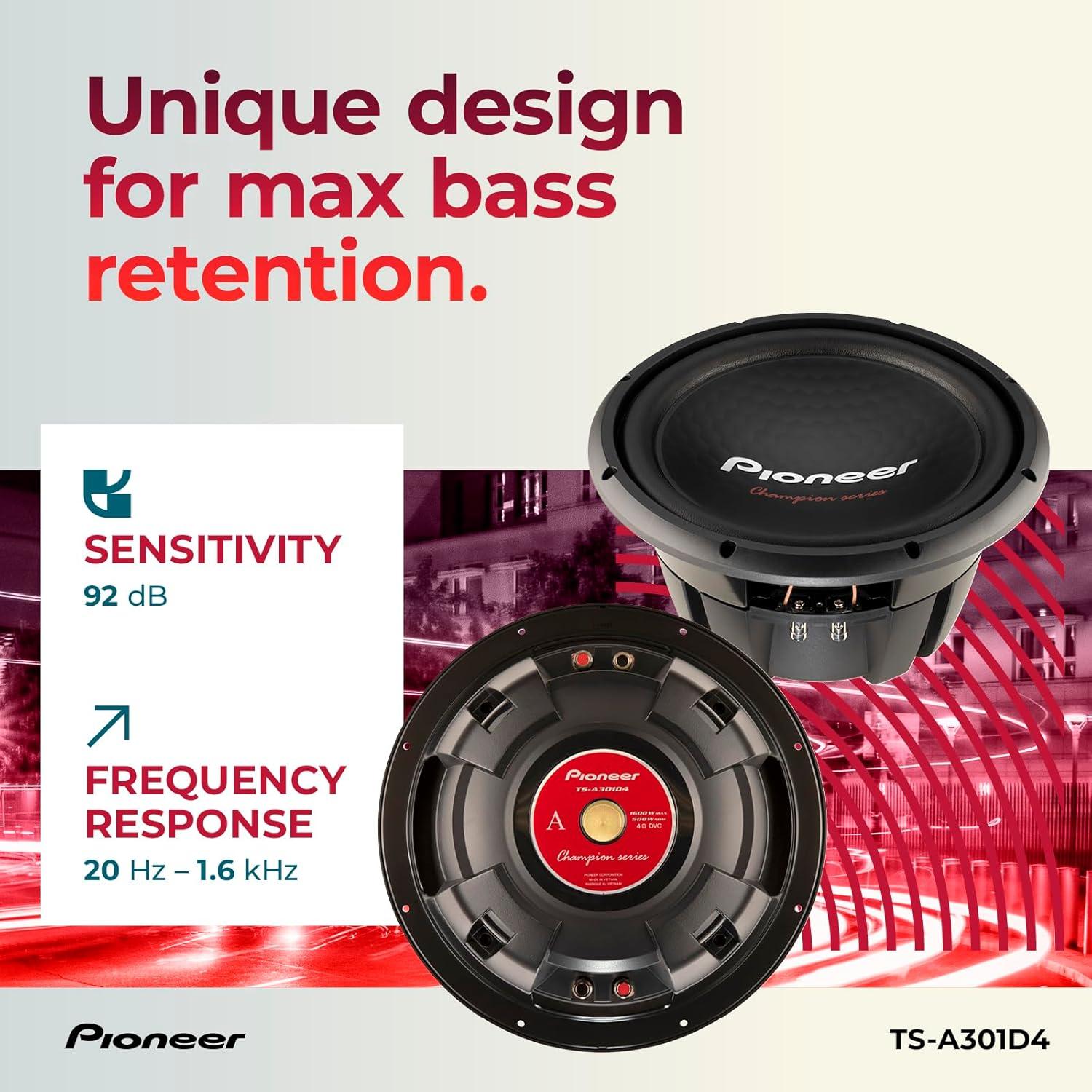 image:imagePIONEER TSA301D4 Powerful 12inch Subwoofer 1600 Watts Peak Power Dual 4 Ohm Voice Coil for Powerful BassTSA301D4 12