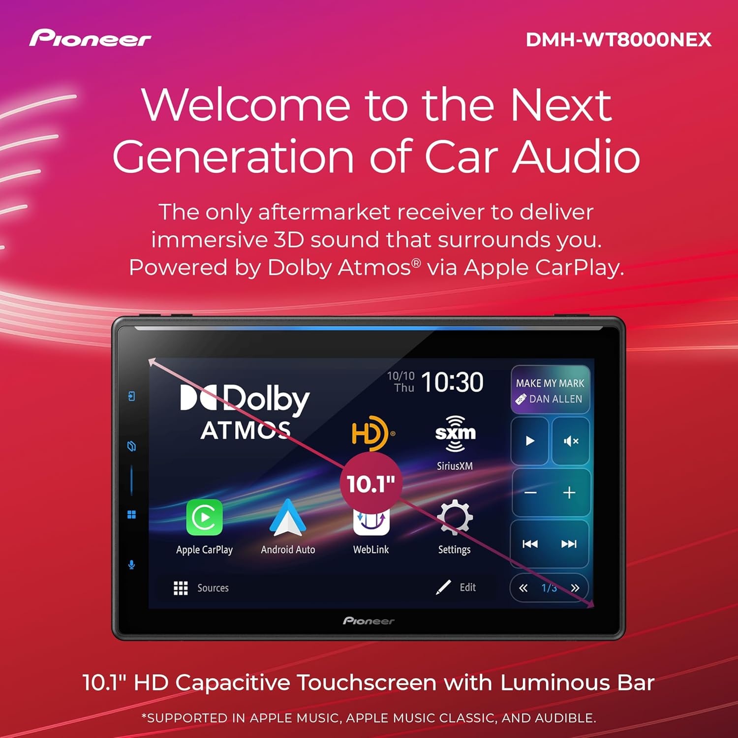 image:imagePioneer DMHWT8000NEX 101 Single Din Multimedia Digital Media Receiver with Dolby Atmos Wireless Apple CarPlay Android Auto WiFi Bluetooth Car Stereo HD Radio Touchscreen Rear Camera Inputs